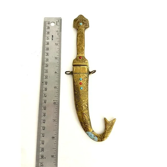 VTG Antique Nazareth Brass Engraved Fish Men Jewels Knife 4” Blade With Casing
